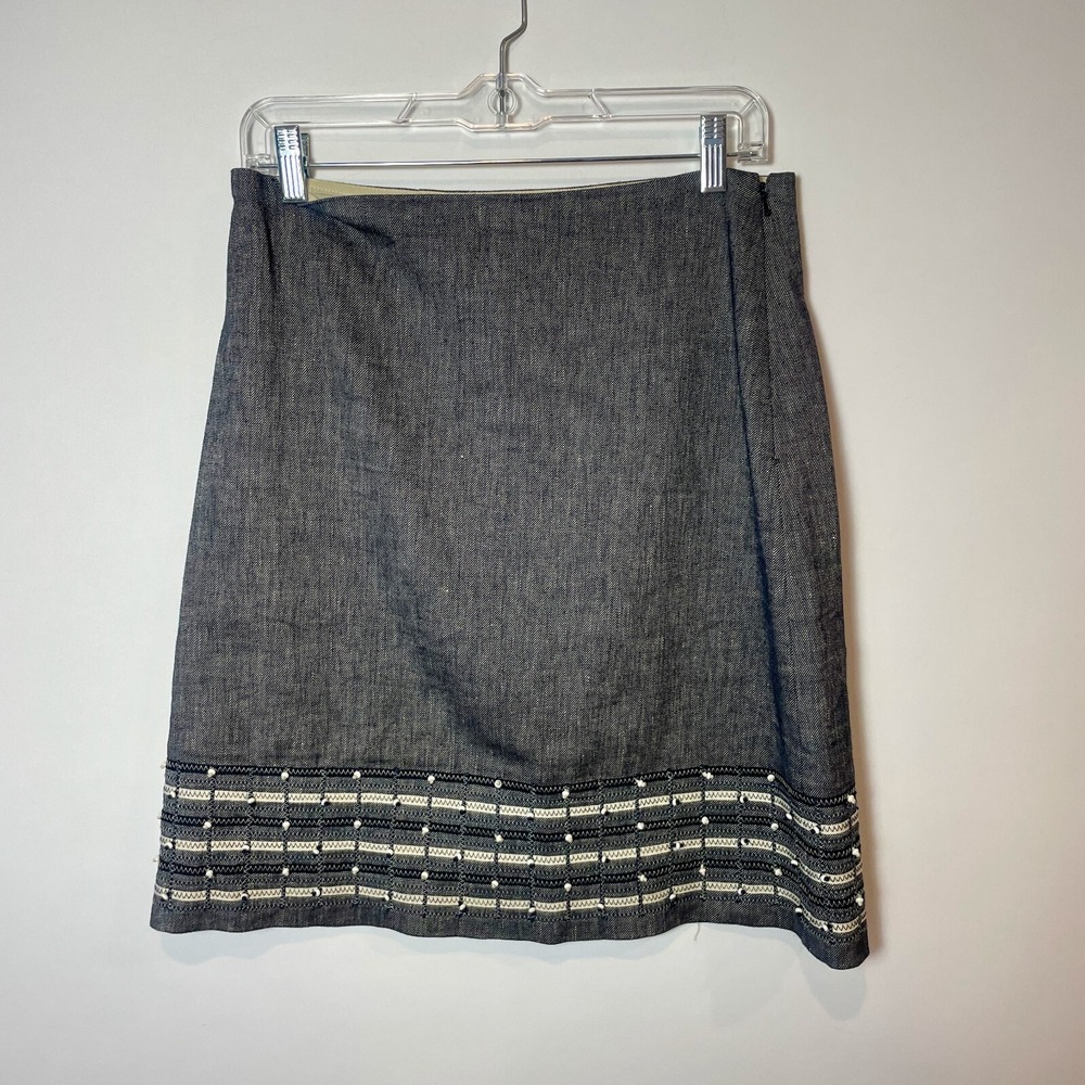 Worth Straight Pencil Mini Skirt Women 6 Gray Linen Blend Embroidered Hem Career